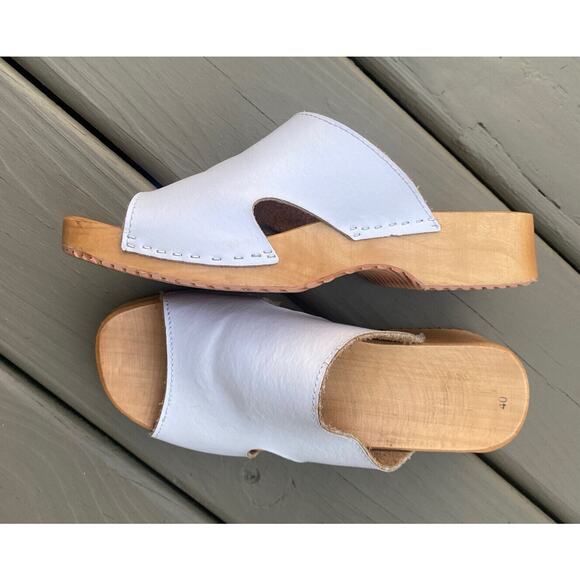 Women's Clogs Mules Sandals Open Toe Slip-On Sz 40,9.5White Leather Cut Out Wood - Picture 3 of 14